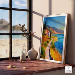 Matisse French Riviera Art Print | Mediterranean Landscape Poster displayed in a sunlit room with a coastal view.