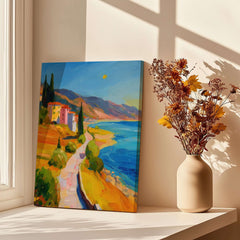 Matisse French Riviera Art Print | Mediterranean Landscape Poster displayed on a windowsill, showcasing vibrant colors and coastal scenery.