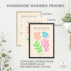 Matisse Art Prints - Colorful Abstract Cut Outs Wall Art framed in natural, white, and black handmade wooden frames.