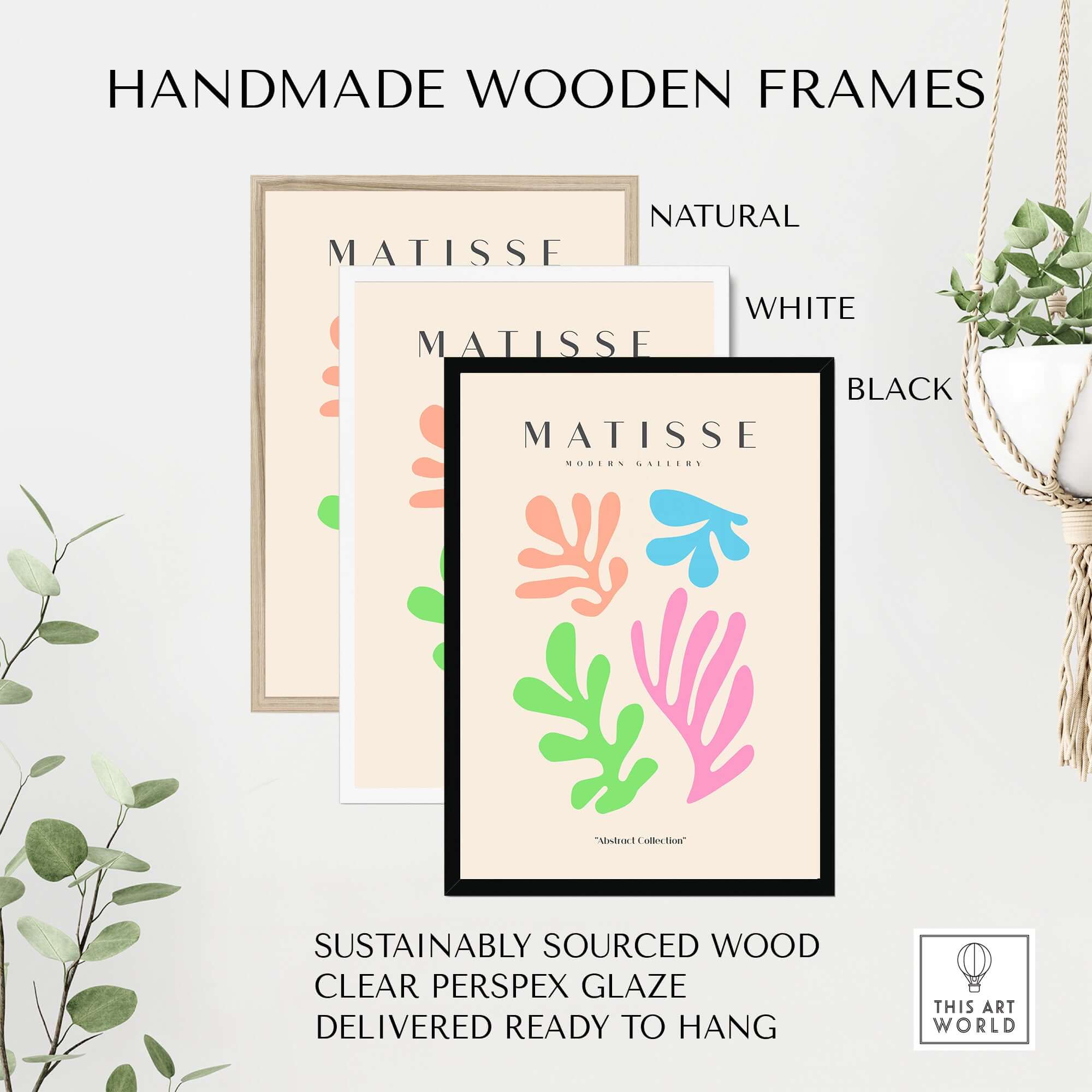 Matisse Art Prints - Colorful Abstract Cut Outs Wall Art framed in natural, white, and black handmade wooden frames.