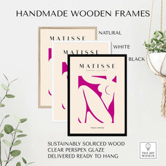 Matisse Art Prints - Pink Abstract Nude Figure Art Print displayed in natural, white, and black handmade wooden frames.
