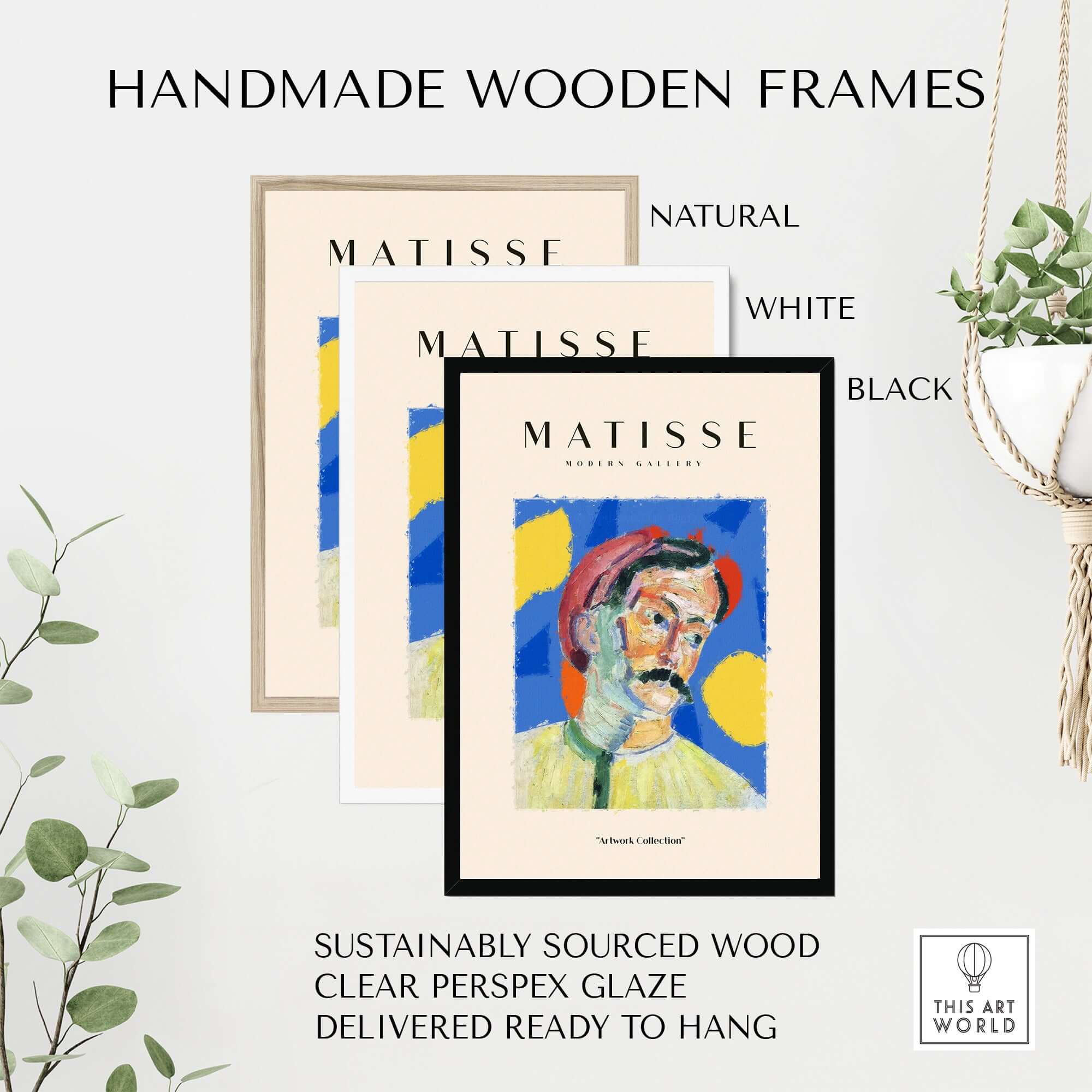 Matisse Art Prints -  Abstract Man Portrait Poster, displayed in handmade wooden frames available in natural, white, and black.