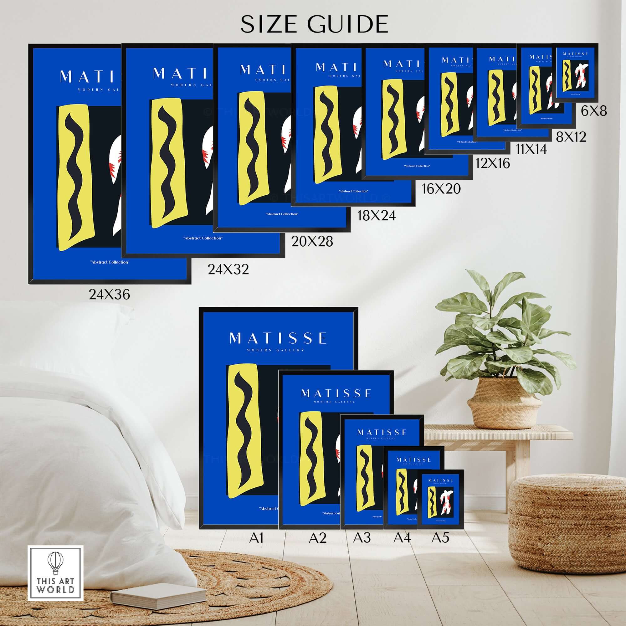 Matisse Art Prints - Icarus Jazz Abstract Art Print Blue size guide comparison with different dimensions on display.