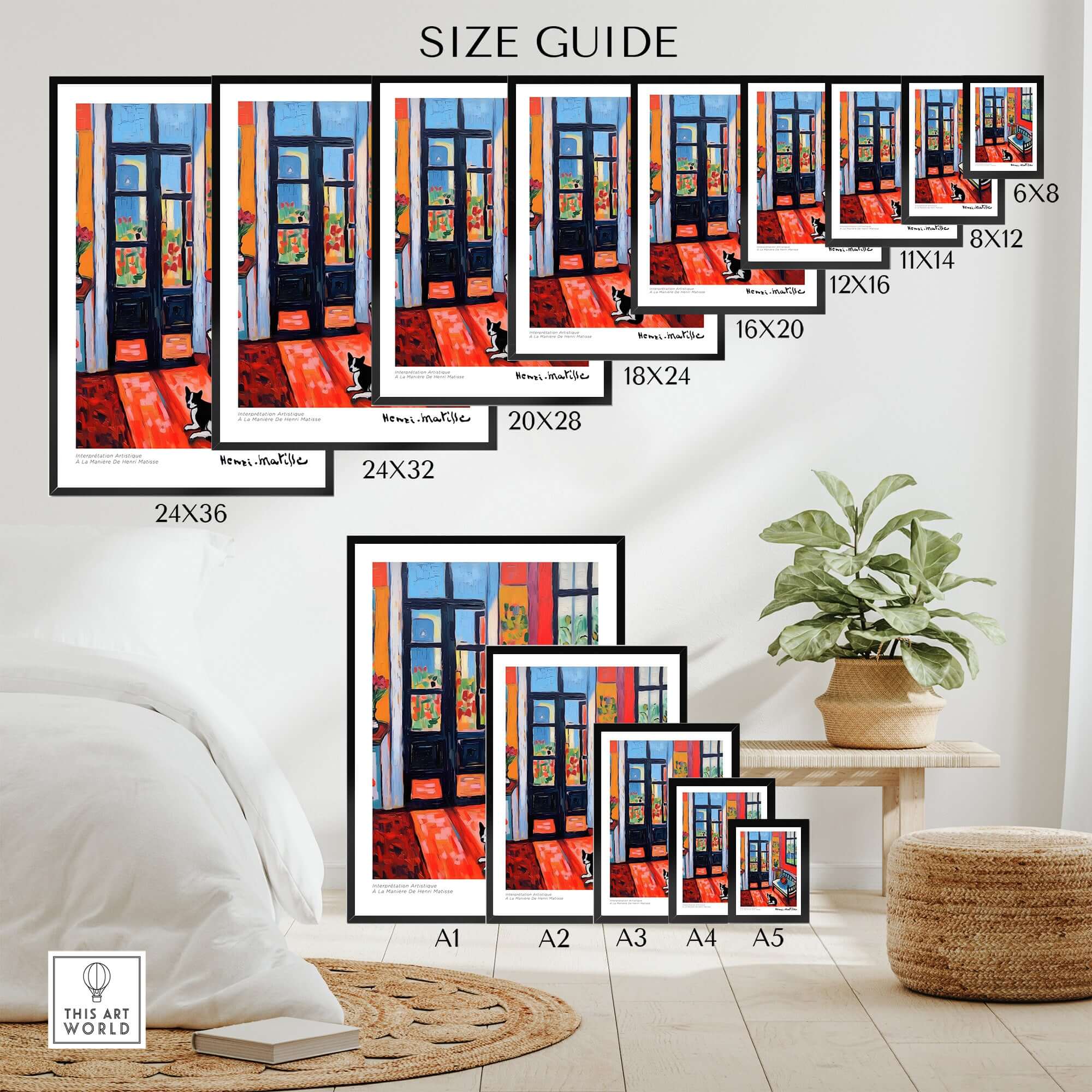 Matisse Art Prints - Interior with Cat and Open Door Poster size guide showing various sizes and dimensions on display.