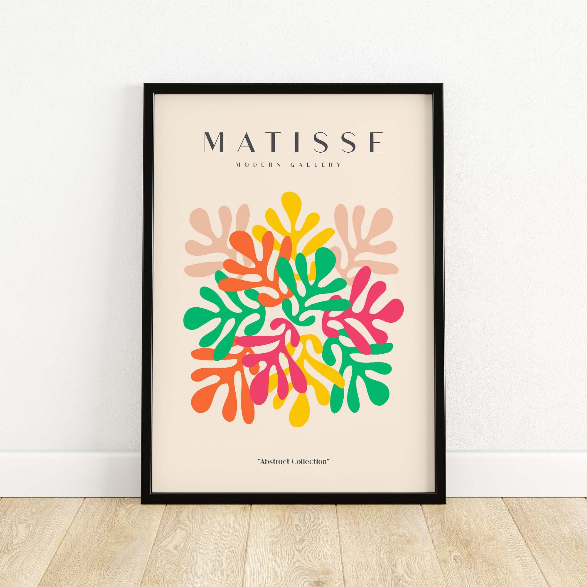 Matisse Art Prints - Interlocking Colorful Leaves Abstract Print displayed in a stylish frame with vibrant colors.