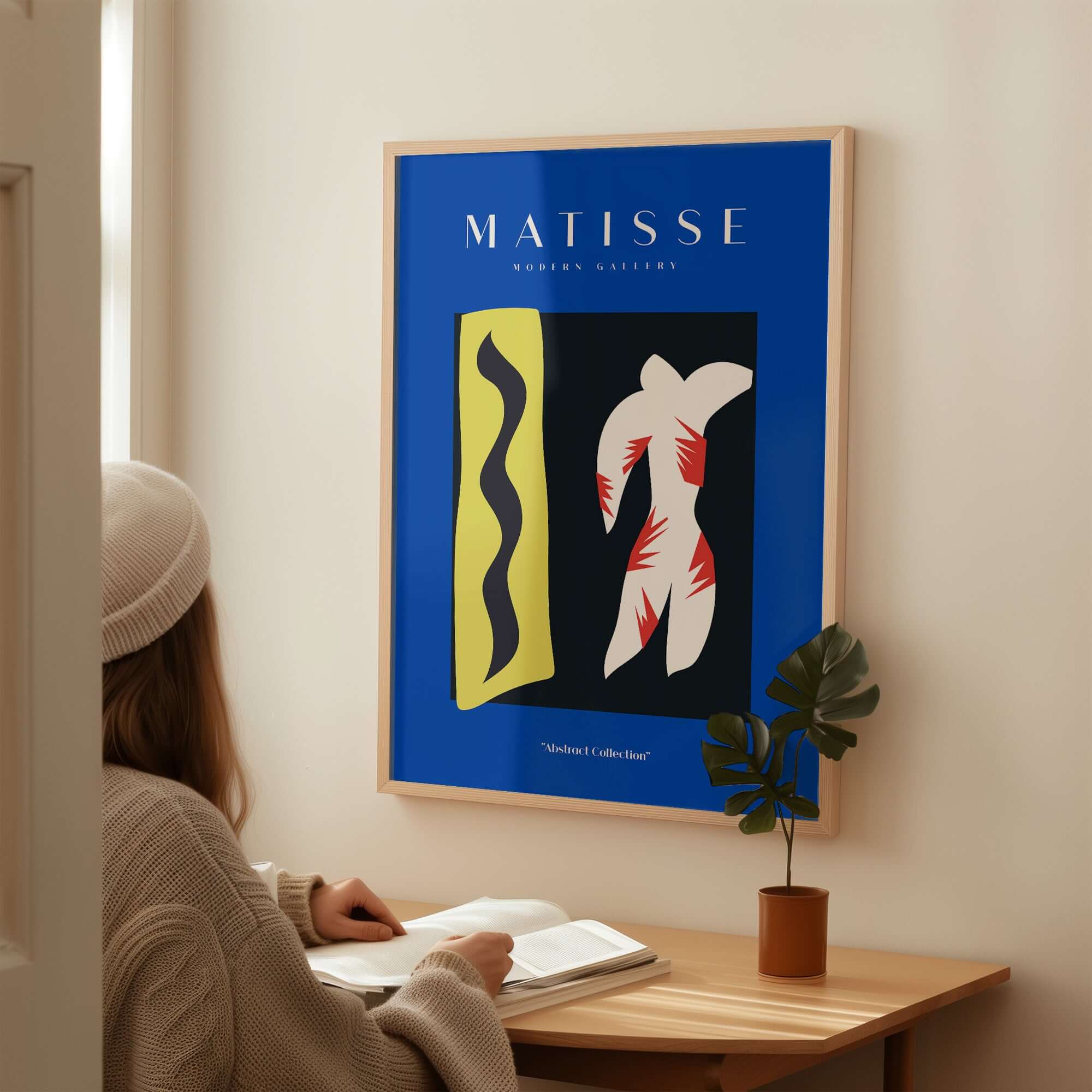 Matisse Art Prints - Icarus Jazz Abstract Art Print Blue displayed on wall, showcasing vibrant colors and dynamic design.
