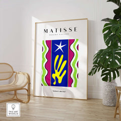 Matisse Art Prints - Jazz Abstract Star Hand Waves Poster displayed in a modern interior with vibrant colors and shapes.