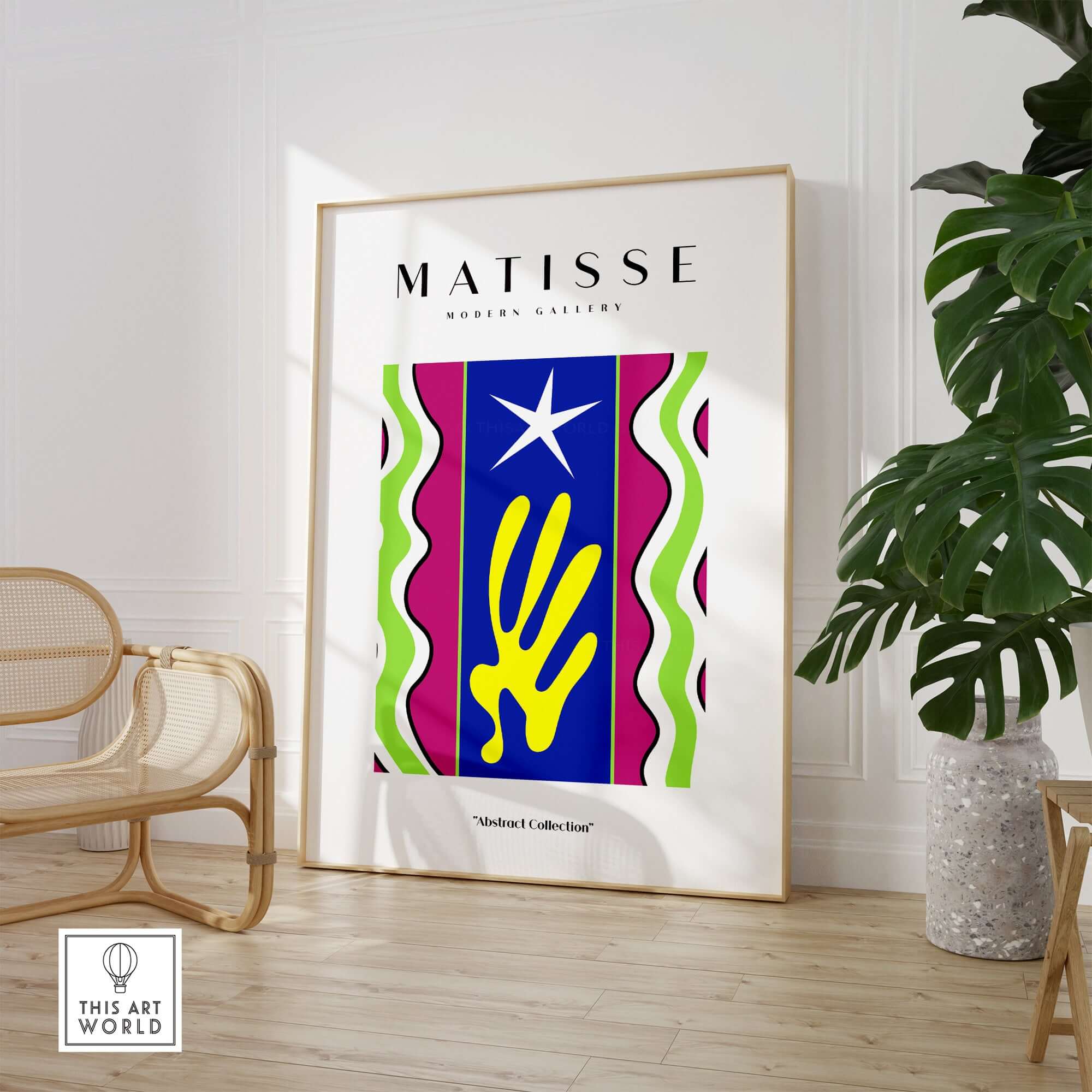 Matisse Art Prints - Jazz Abstract Star Hand Waves Poster displayed in a modern interior with vibrant colors and shapes.