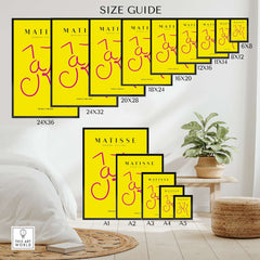 Matisse Art Prints - Jazz Pink Lettering Yellow Poster Art size guide showcasing various dimensions for art prints.