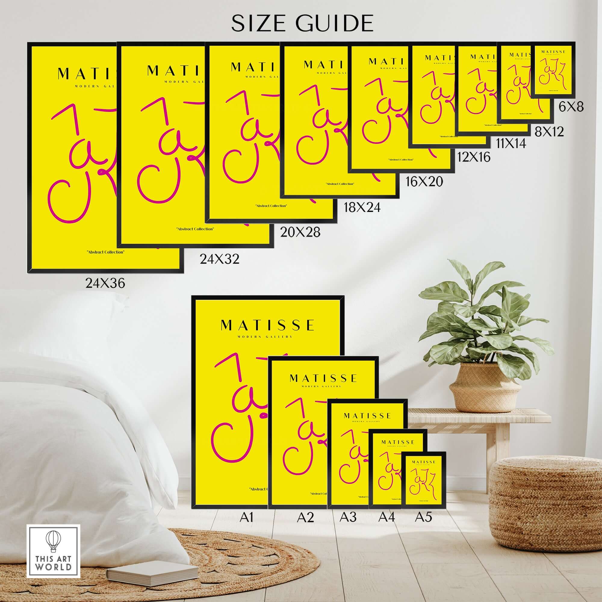 Matisse Art Prints - Jazz Pink Lettering Yellow Poster Art size guide showcasing various dimensions for art prints.