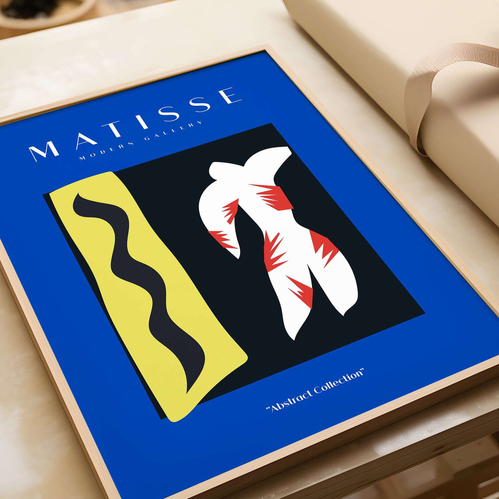 Matisse Art Prints - Icarus Jazz Abstract Art Print Blue on display, vibrant blue background with abstract shapes.