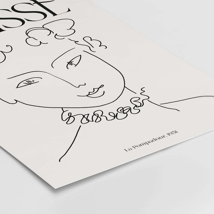 Minimalist line drawing poster of Henri Matisse's 'La Pompadour' (1951) featuring a woman’s portrait.