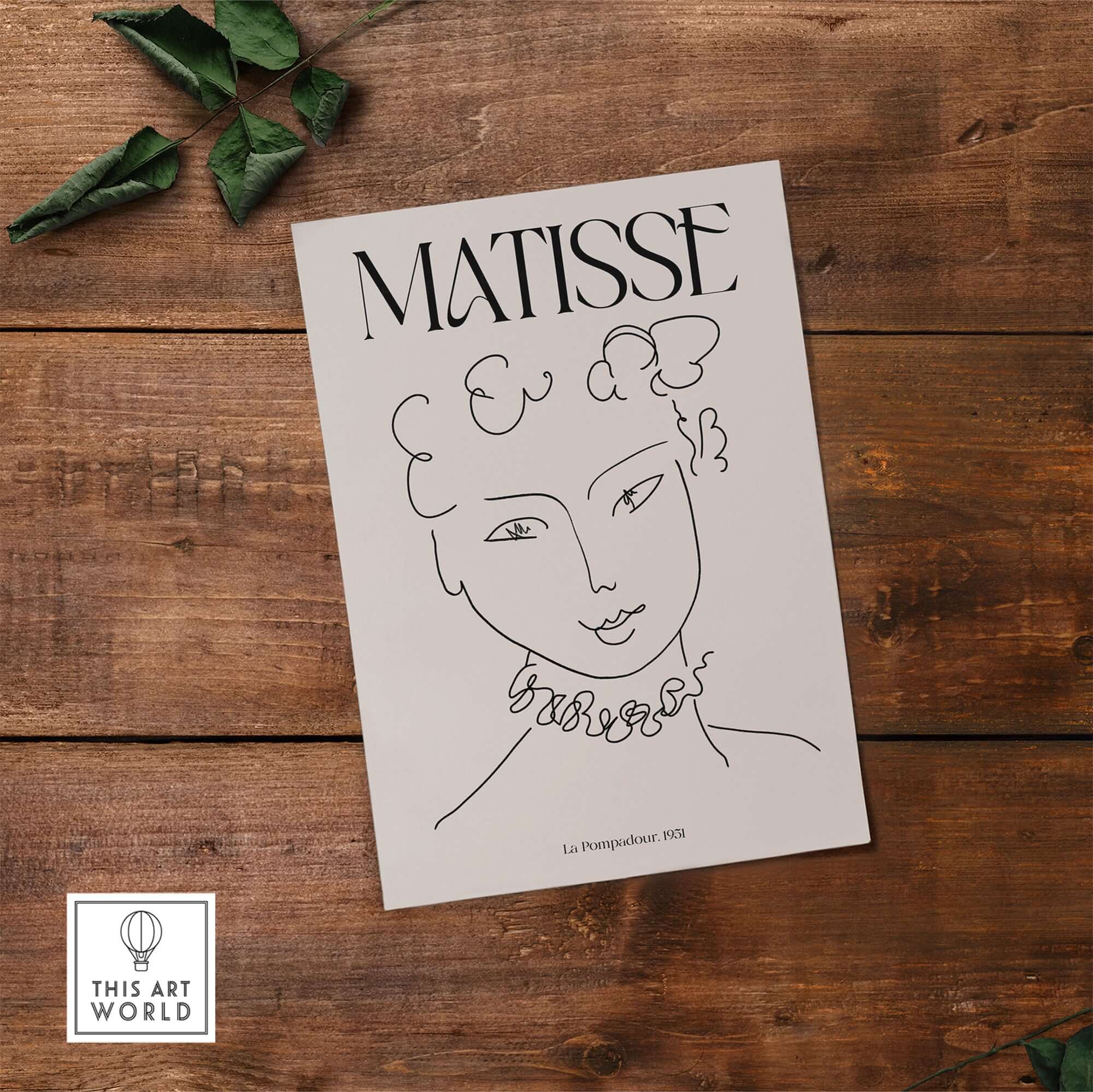 Matisse Art Print La Pompadour 1951 Minimalist Line Drawing Poster displayed on rustic wooden background.