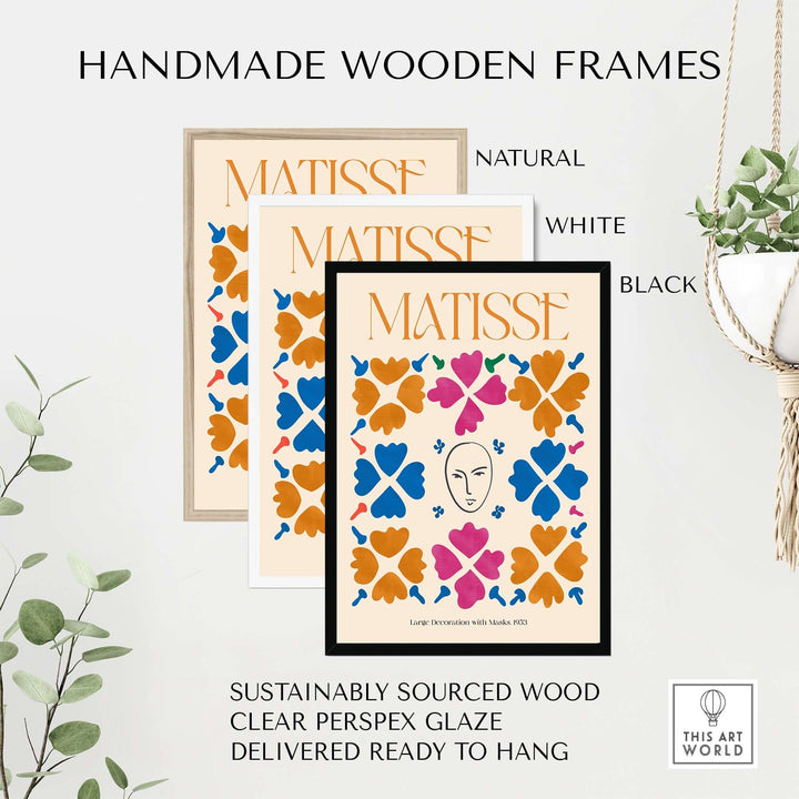 Three handmade wooden frames in natural, white, and black showcasing Matisse art prints with colorful floral patterns.