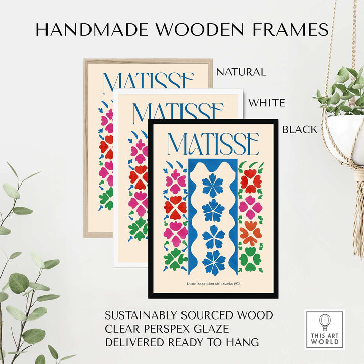 Handmade wooden frames in natural, white, and black for Matisse art prints, featuring clear perspex glaze and sustainable wood.