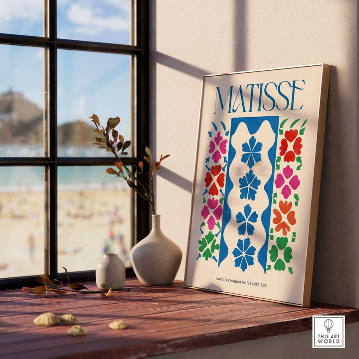 Matisse Large Decoration with Masks vertical panel art print on display near a window, featuring vibrant floral motifs.