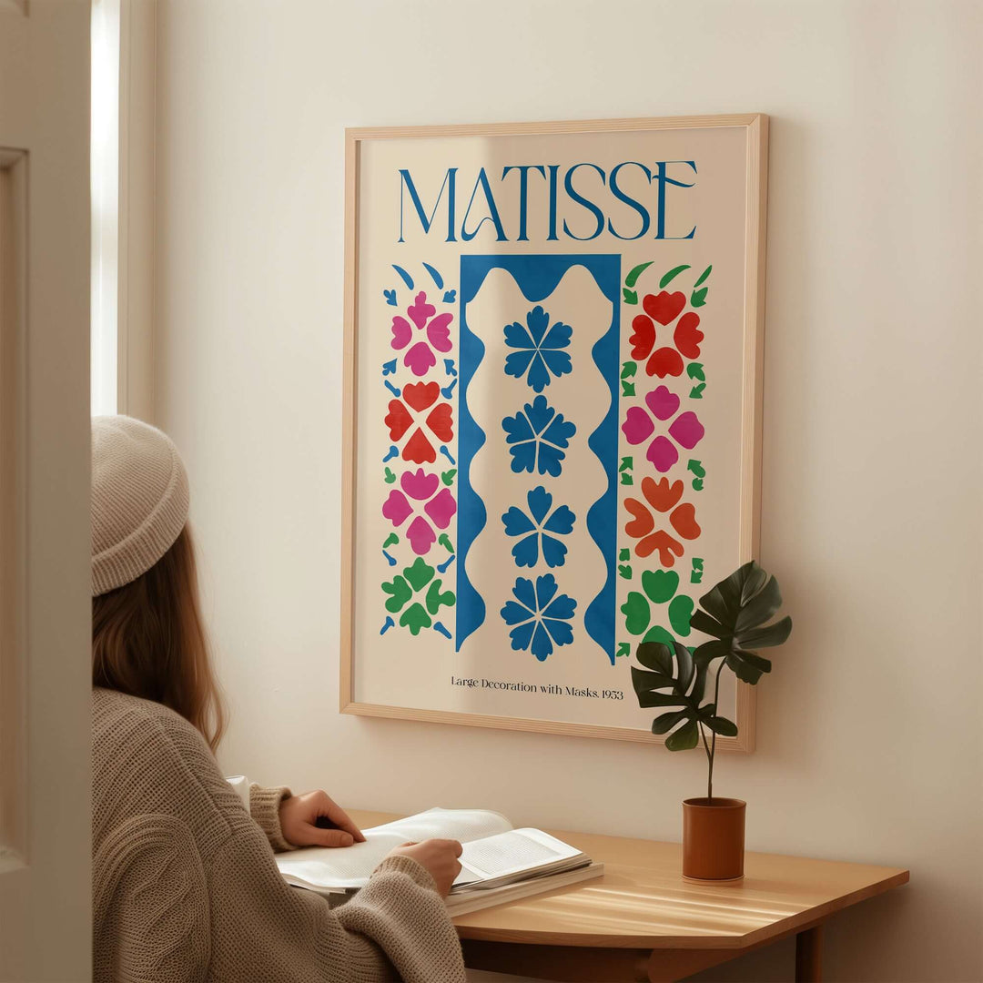 Matisse Large Decoration with Masks art print featuring vibrant floral designs and blue motifs on a beige background.