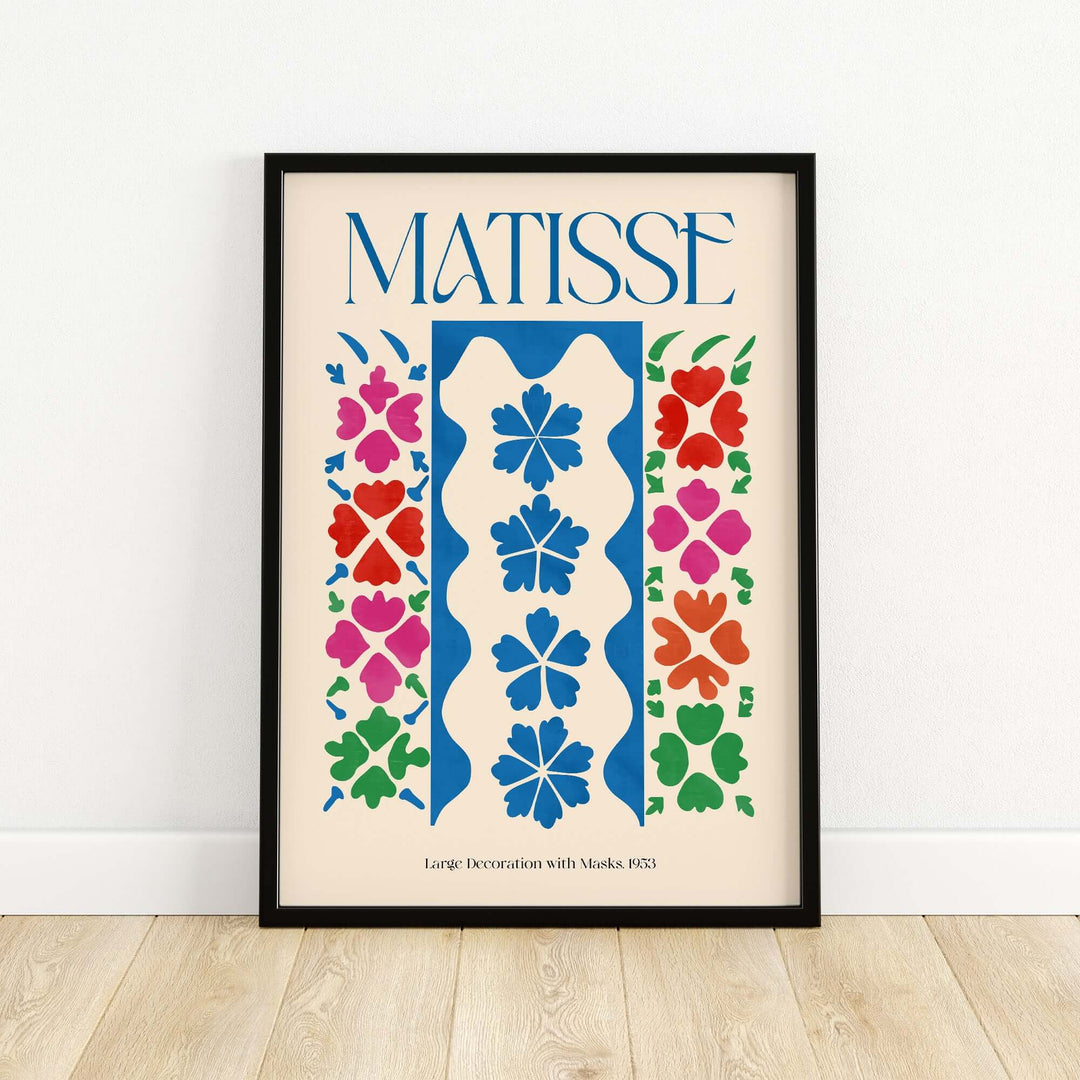 Matisse Large Decoration with Masks vertical panel art print featuring colorful floral motifs on beige background.