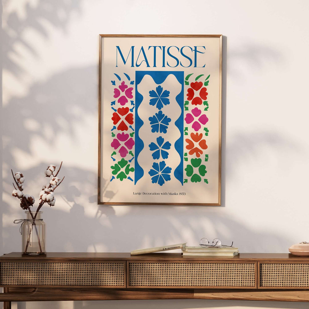 Matisse Large Decoration with Masks vertical panel art print featuring colorful floral motifs on beige