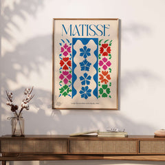 Matisse Large Decoration with Masks Vertical Panel Art Print displayed on a wall, featuring vibrant floral motifs and blue accents.