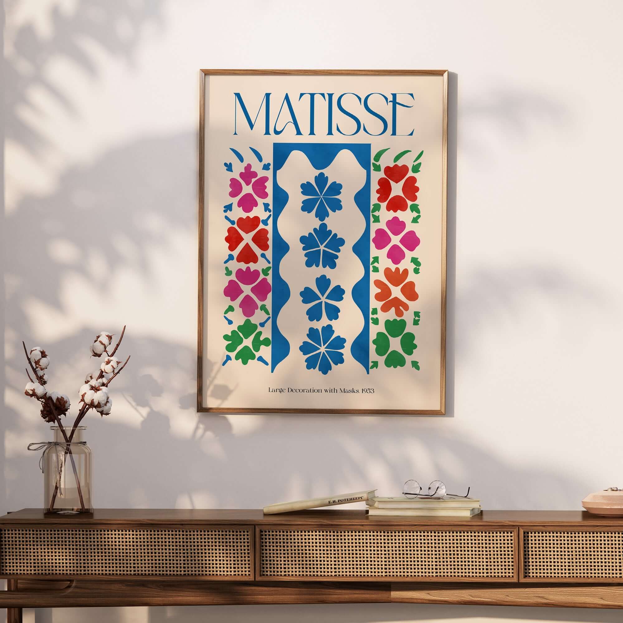 Matisse Large Decoration with Masks Vertical Panel Art Print displayed on a wall, featuring vibrant floral motifs and blue accents.