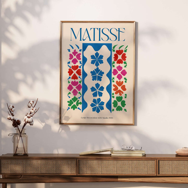 Matisse Large Decoration with Masks vertical panel art print featuring colorful floral motifs on beige