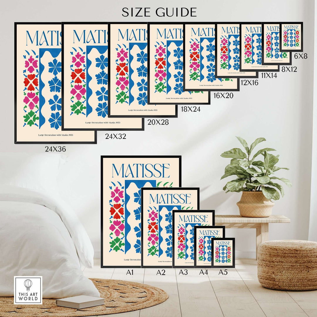 Size guide for Matisse panel art prints showcasing dimensions and styles against a home decor backdrop.
