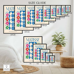 Matisse Large Decoration with Masks Vertical Panel Art Print size guide showcasing various dimensions and placements.