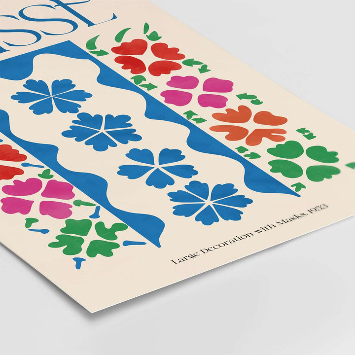 Matisse Large Decoration with Masks panel art print featuring blue floral designs on a beige background.
