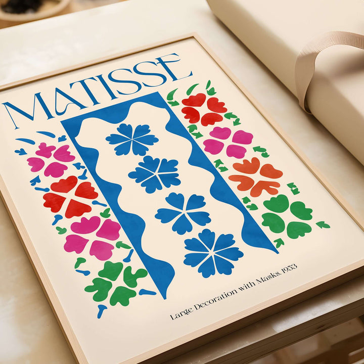 Matisse Large Decoration with Masks vertical panel art print featuring vibrant floral motifs and blue cut-outs on beige.