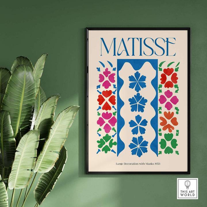 Matisse Large Decoration with Masks Vertical Panel Art Print featuring colorful floral motifs on a beige background.