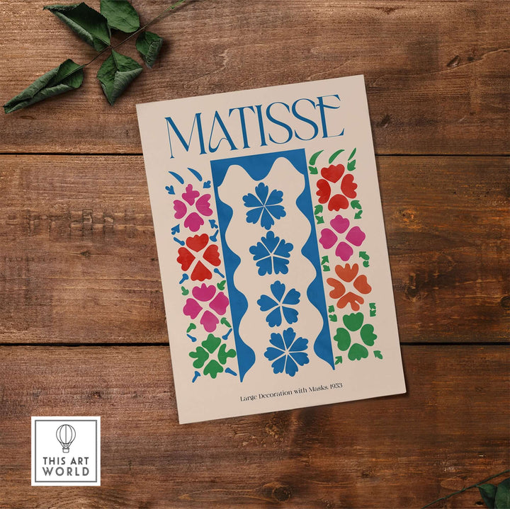 Matisse Large Decoration with Masks vertical panel art print featuring colorful floral motifs on beige background.