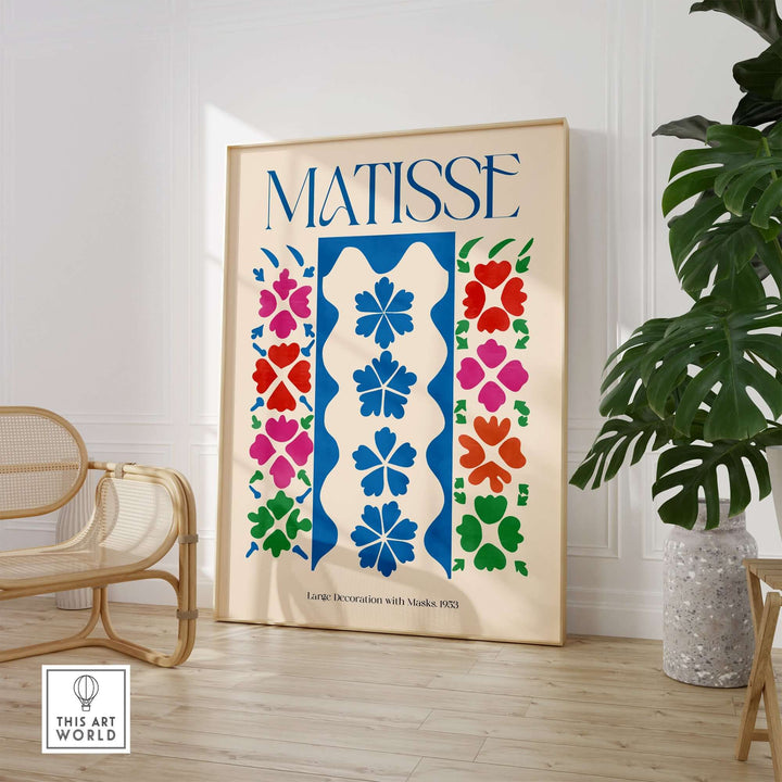 Matisse Large Decoration with Masks vertical art print, featuring colorful floral motifs and blue accents.