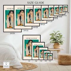 Matisse Poster - Laurette with a White Blouse 1917 Art Print size guide with various frame dimensions.