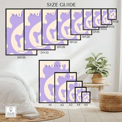 Matisse Art Prints - Lavender Abstract Fluid Organic Shape Poster size guide showcasing dimensions and styles available.