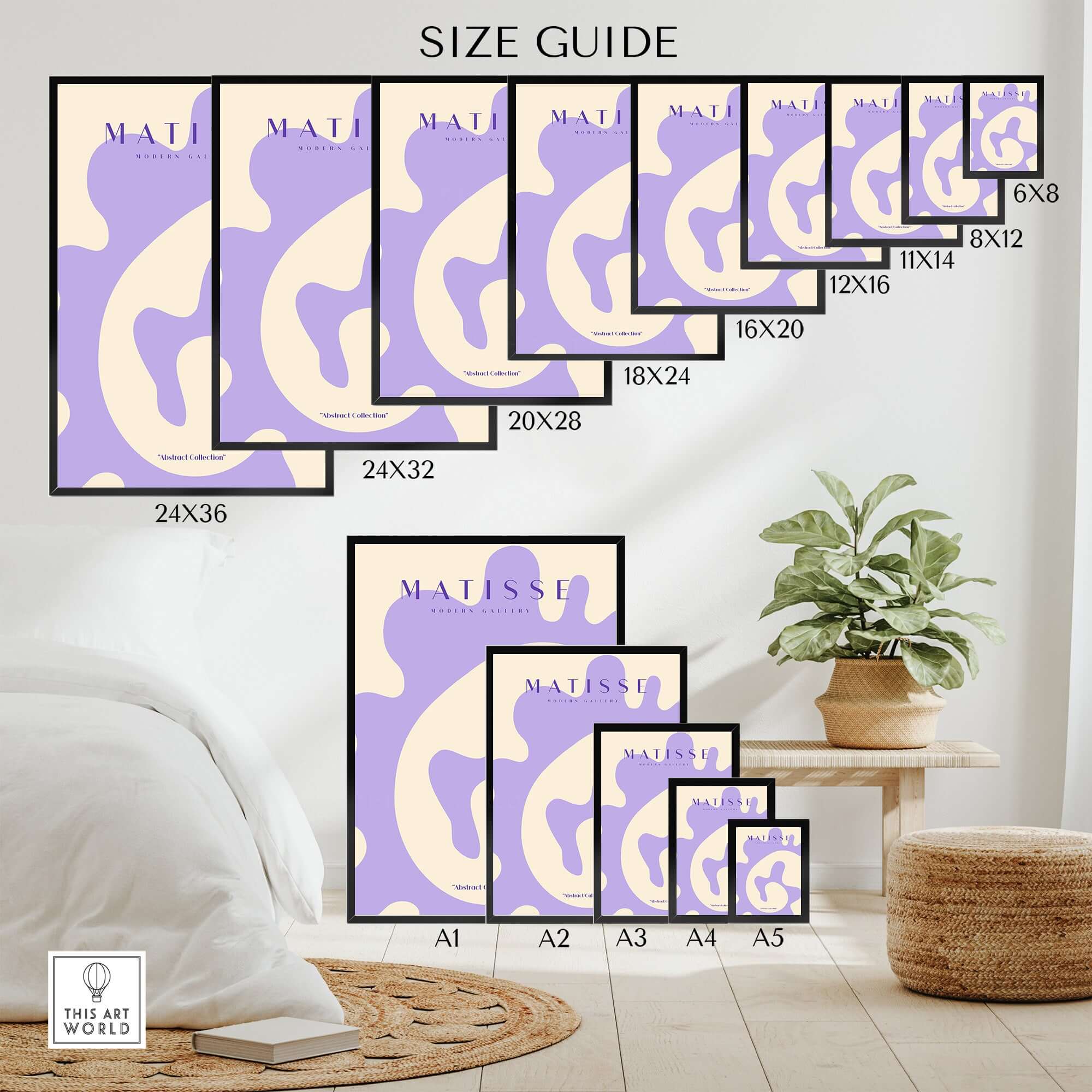 Matisse Art Prints - Lavender Abstract Fluid Organic Shape Poster size guide showcasing dimensions and styles available.
