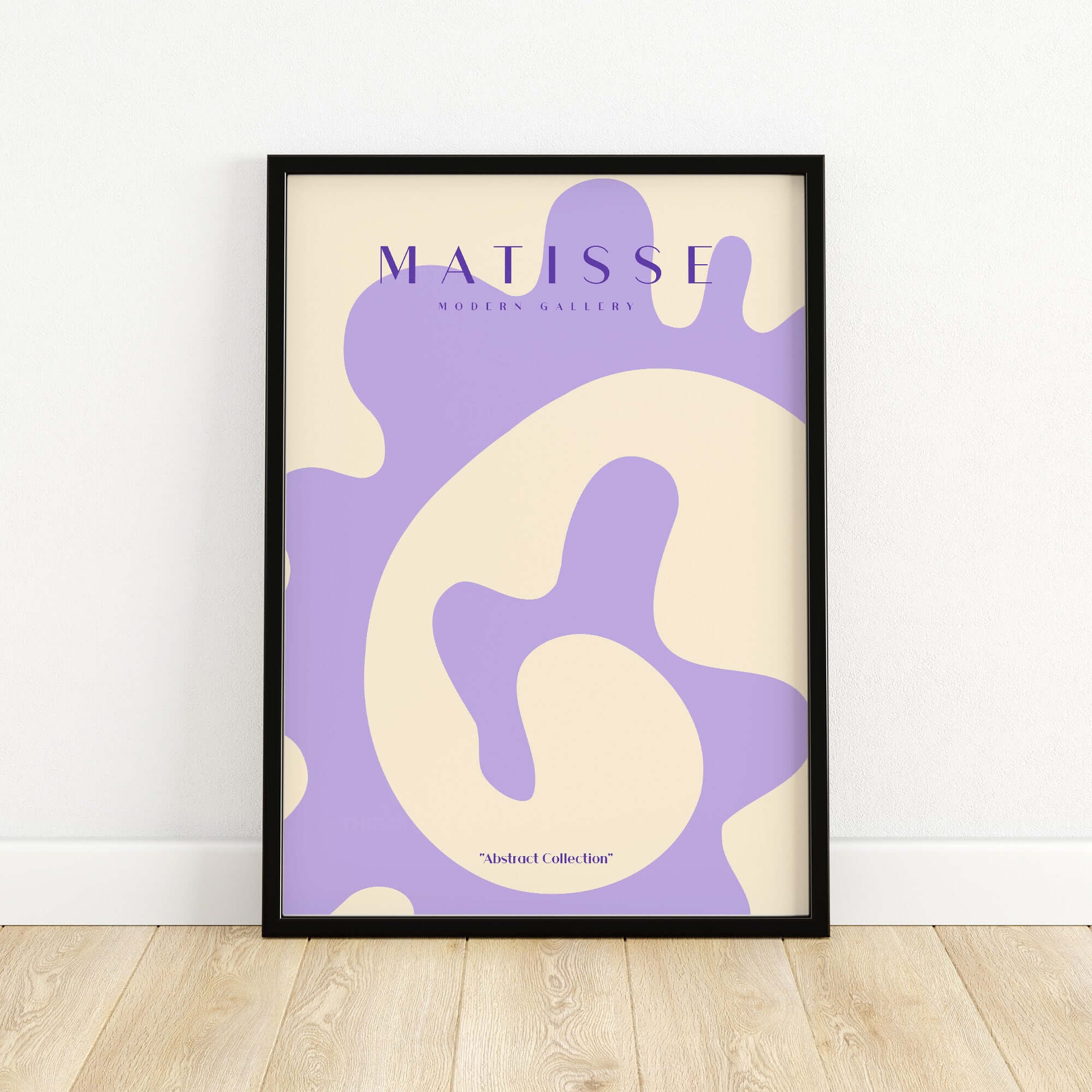Matisse Art Prints -   Lavender Abstract Fluid Organic Shape Poster displayed in a modern frame on a wooden floor.