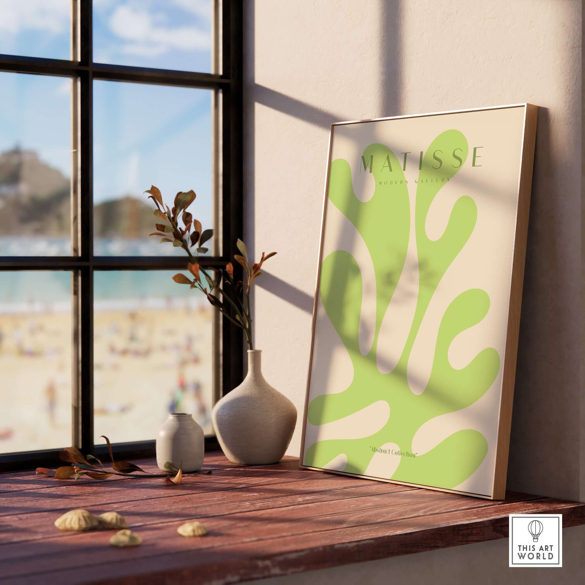 Matisse Art Prints - Lime Green Abstract Coral Shape Poster displayed on a wooden table near a window with beach view.
