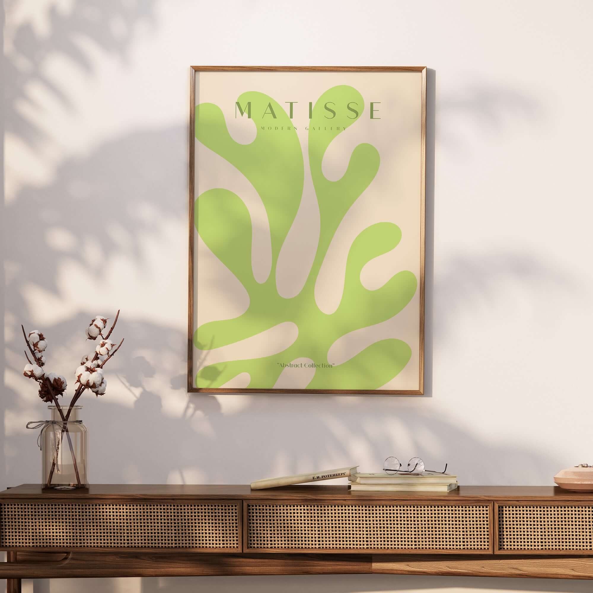Matisse Art Prints - Lime Green Abstract Coral Shape Poster showcased in a modern interior setting.