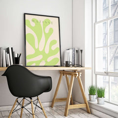 Matisse Art Prints - Lime Green Abstract Coral Shape Poster displayed in a modern decor with clean lines and bright colors.