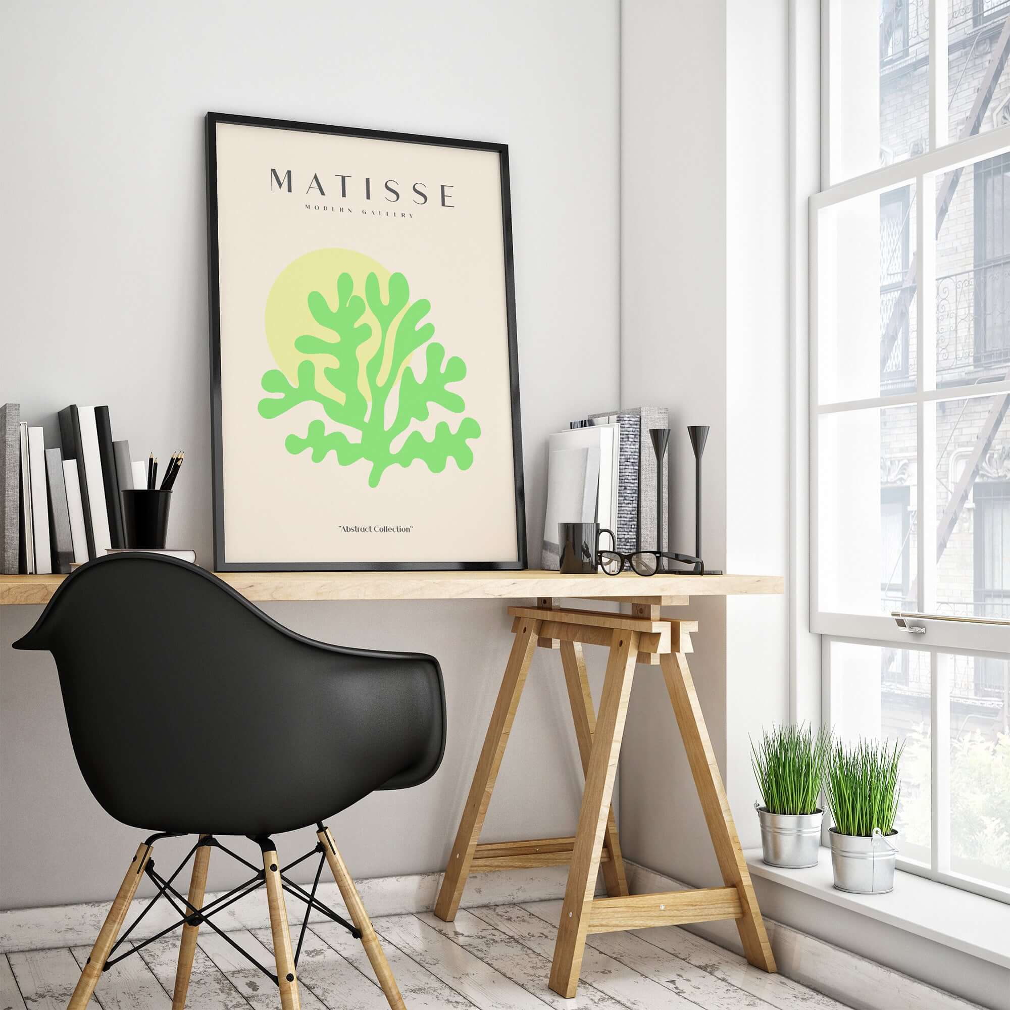 Matisse Art Prints - Lime Green Coral Abstract Sun Print displayed in a stylish workspace with modern decor.
