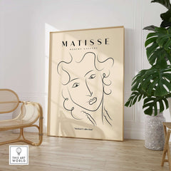 Matisse Art Prints -  Line Art Ladies Face with Wavy Hair Minimalist Poster displayed in a modern interior setting.