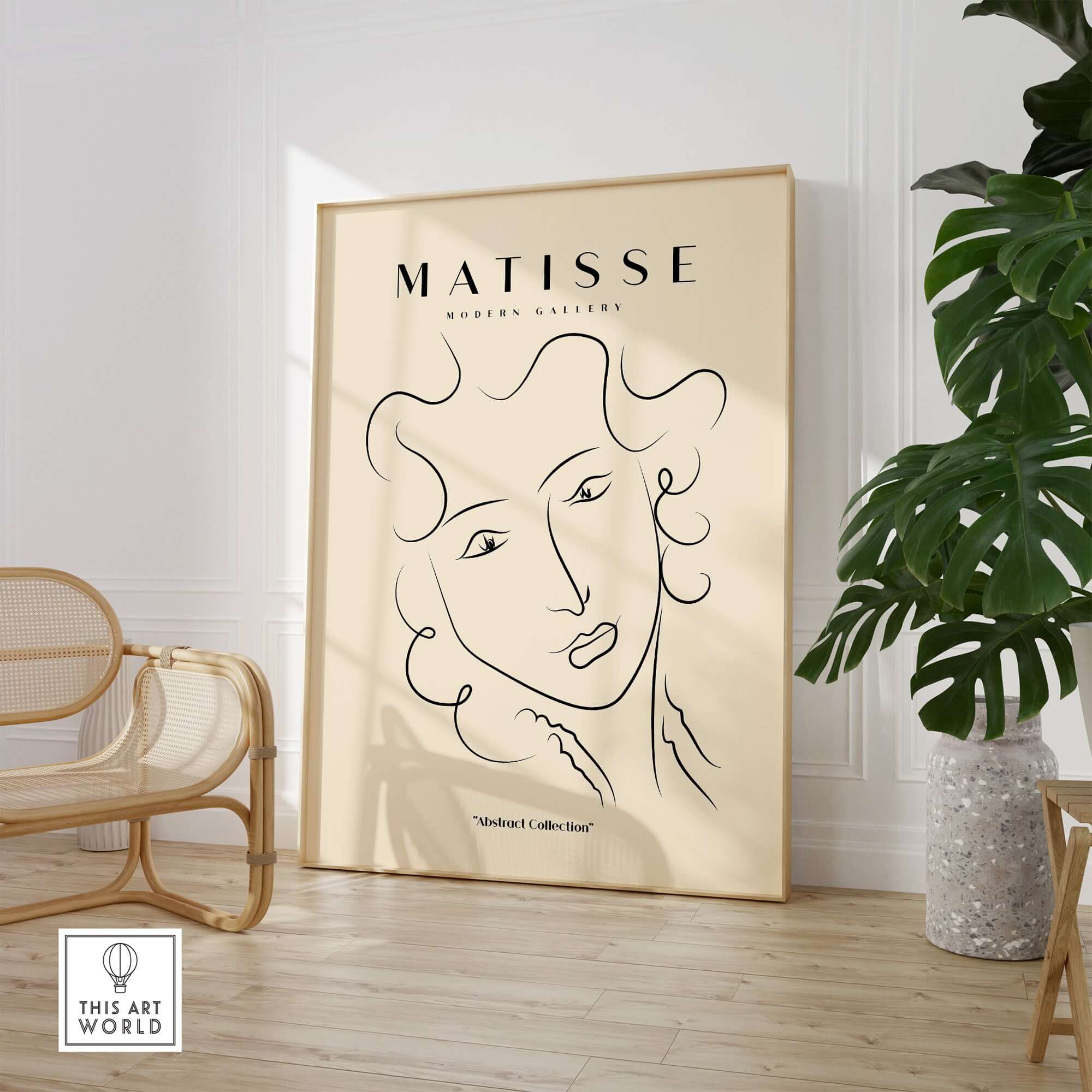 Matisse Art Prints -  Line Art Ladies Face with Wavy Hair Minimalist Poster displayed in a modern interior setting.