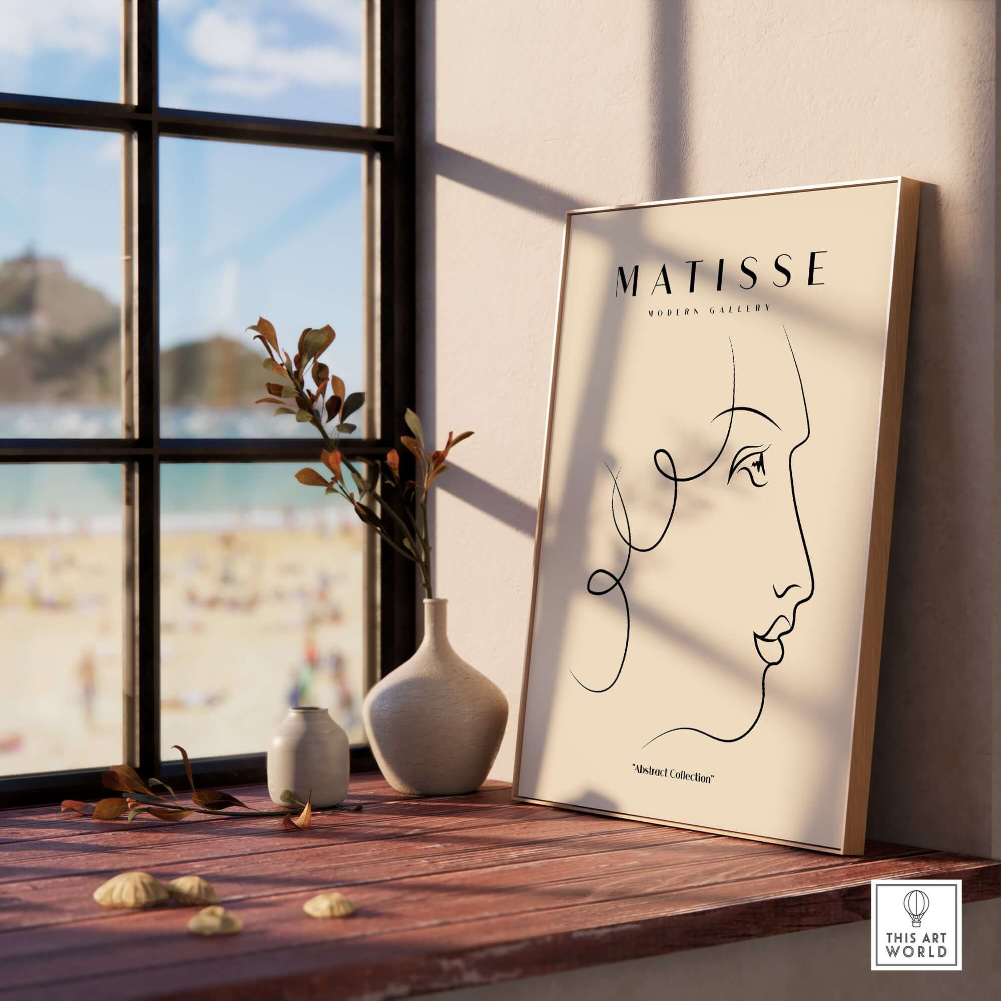 Matisse Art Prints -  Line Art of a Lady's Face Poster displayed in a stylish room with a scenic beach view.