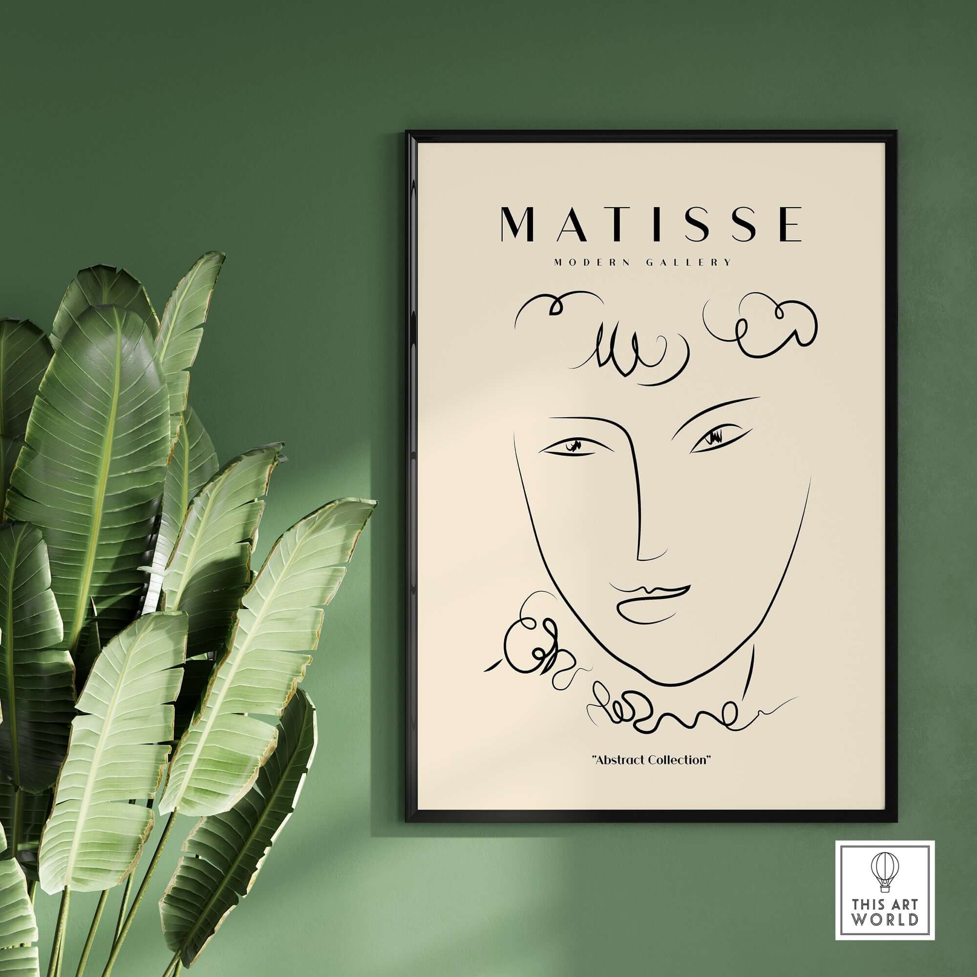 Matisse Art Prints -  Line Art Face Curly Hair Minimalist Poster framed on a green wall with leaves.
