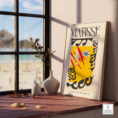 Matisse Nightmare of the White Elephant 1947 Abstract Art Print displayed on a windowsill with beach view.