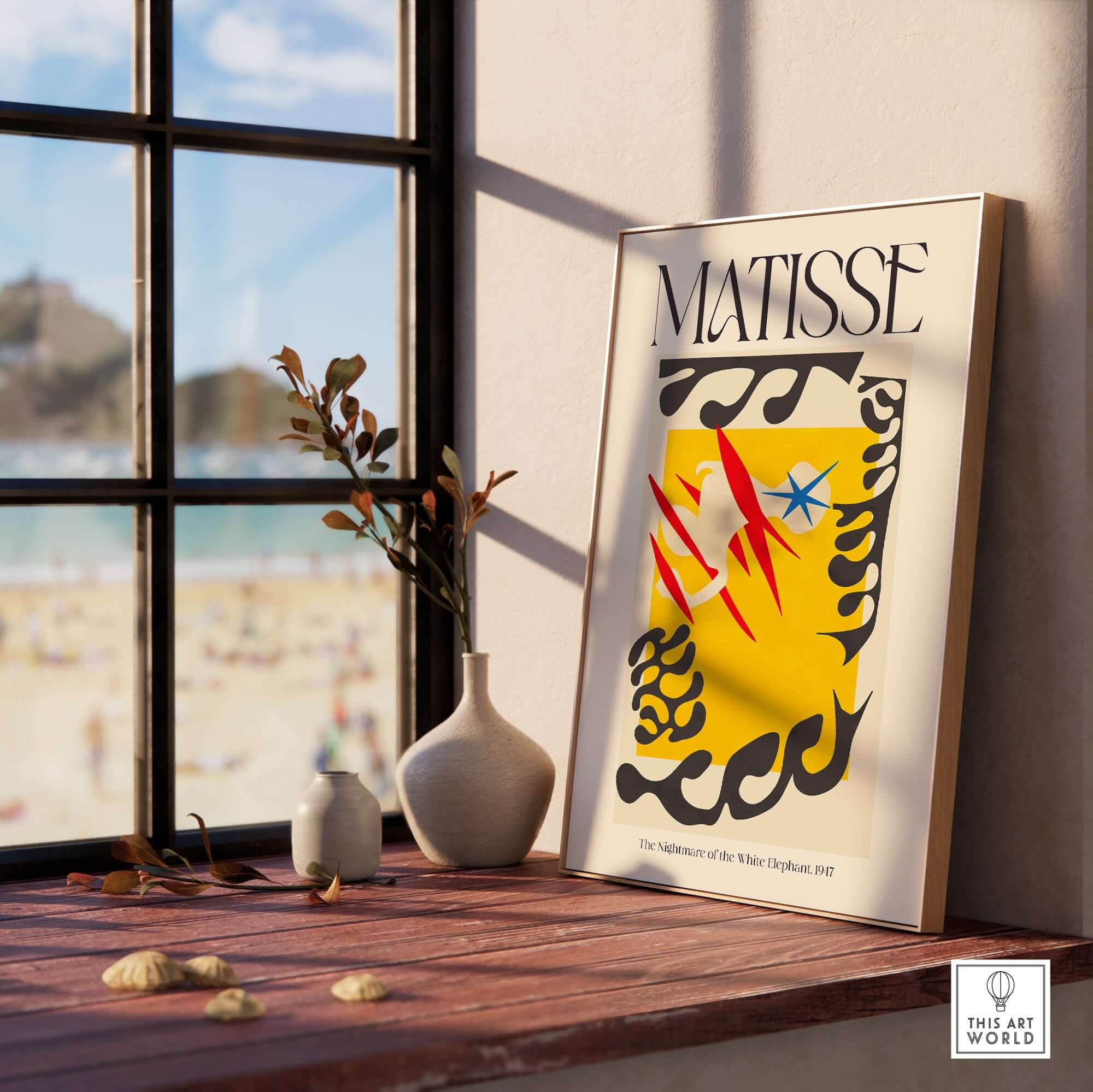 Matisse Nightmare of the White Elephant 1947 Abstract Art Print displayed on a windowsill with beach view.