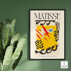 Matisse Nightmare of the White Elephant 1947 Abstract Art Print featuring vibrant colors and shapes on a yellow background.