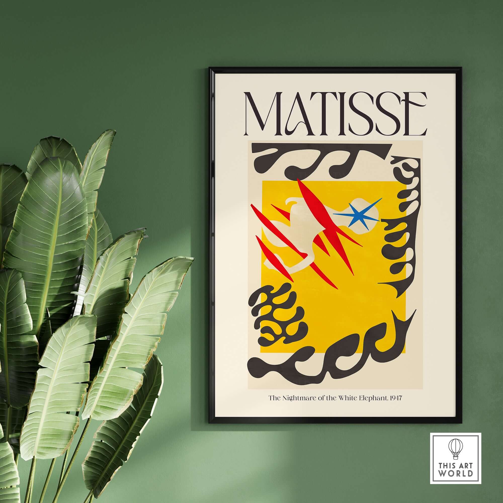 Matisse Nightmare of the White Elephant 1947 Abstract Art Print featuring vibrant colors and shapes on a yellow background.