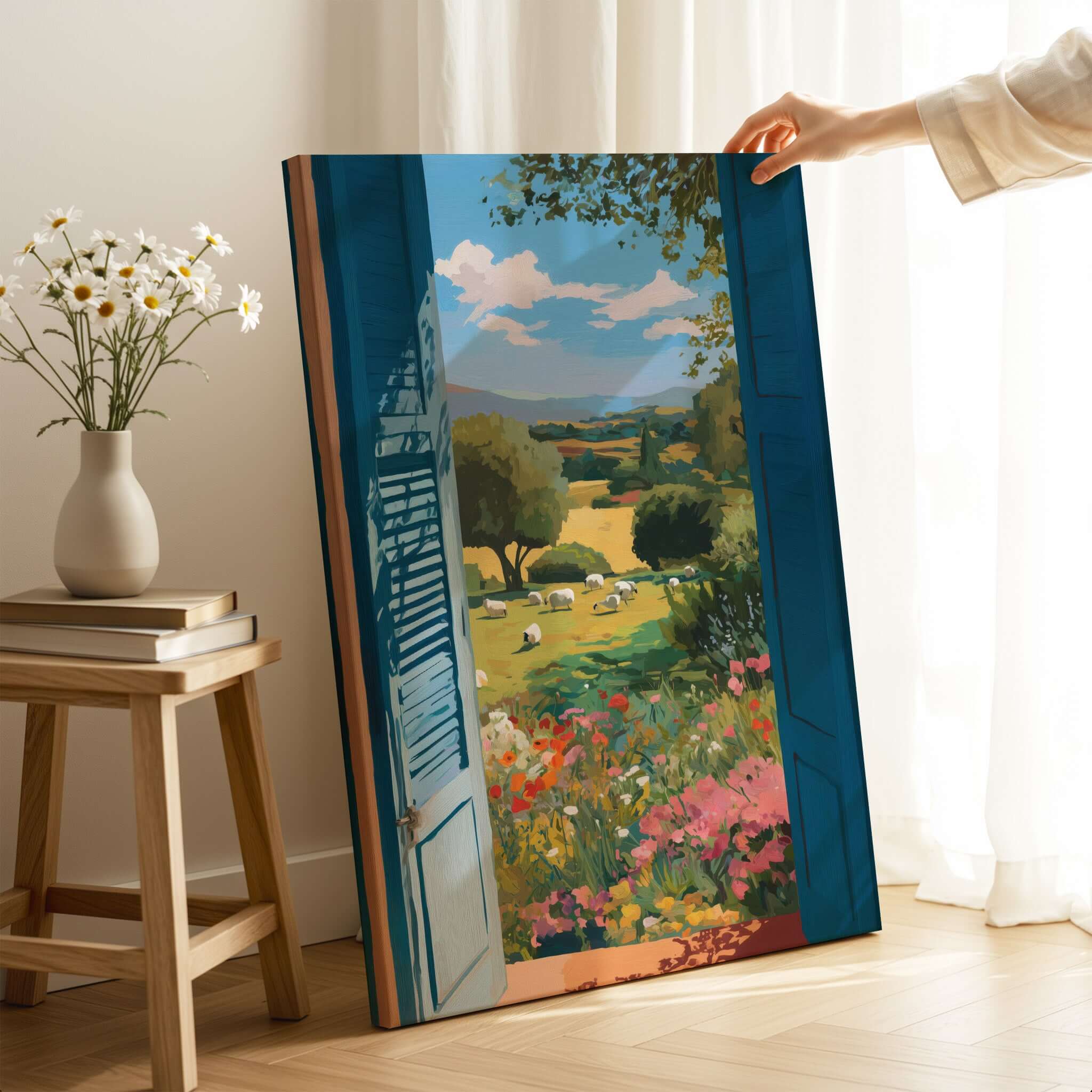 Matisse Open Window Art Print | Country View with Sheep Poster showcasing grazing sheep and colorful flowers.